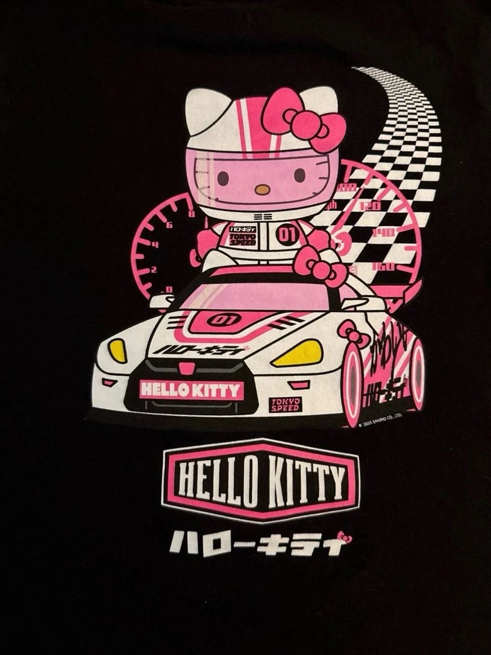 Old Navy Black Tee with Pink Hello Kitty Racing Graphic